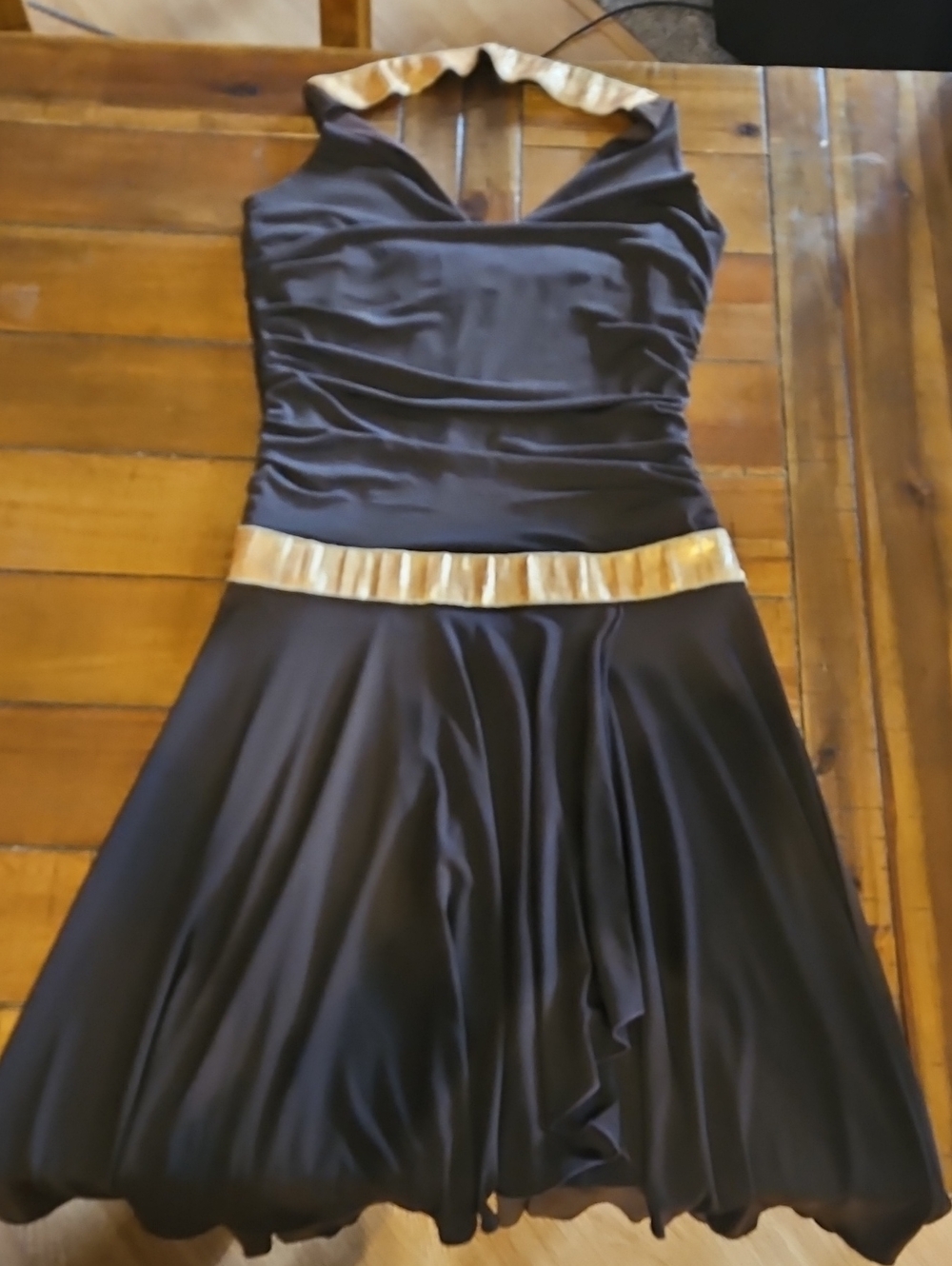 Brown Halter-Style Dress with Gold Trim